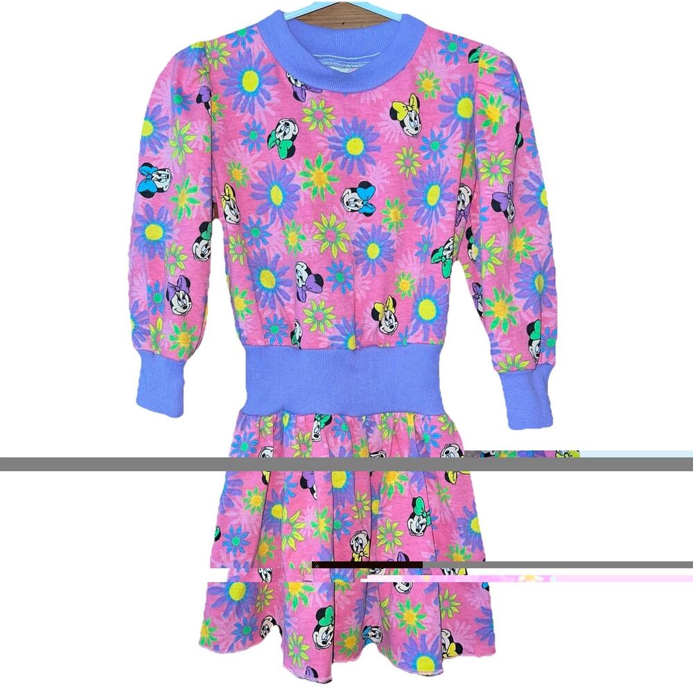 Vintage 80s 90s Disney Minnie Mouse Sweatshirt Dress Purple Pink Flowers